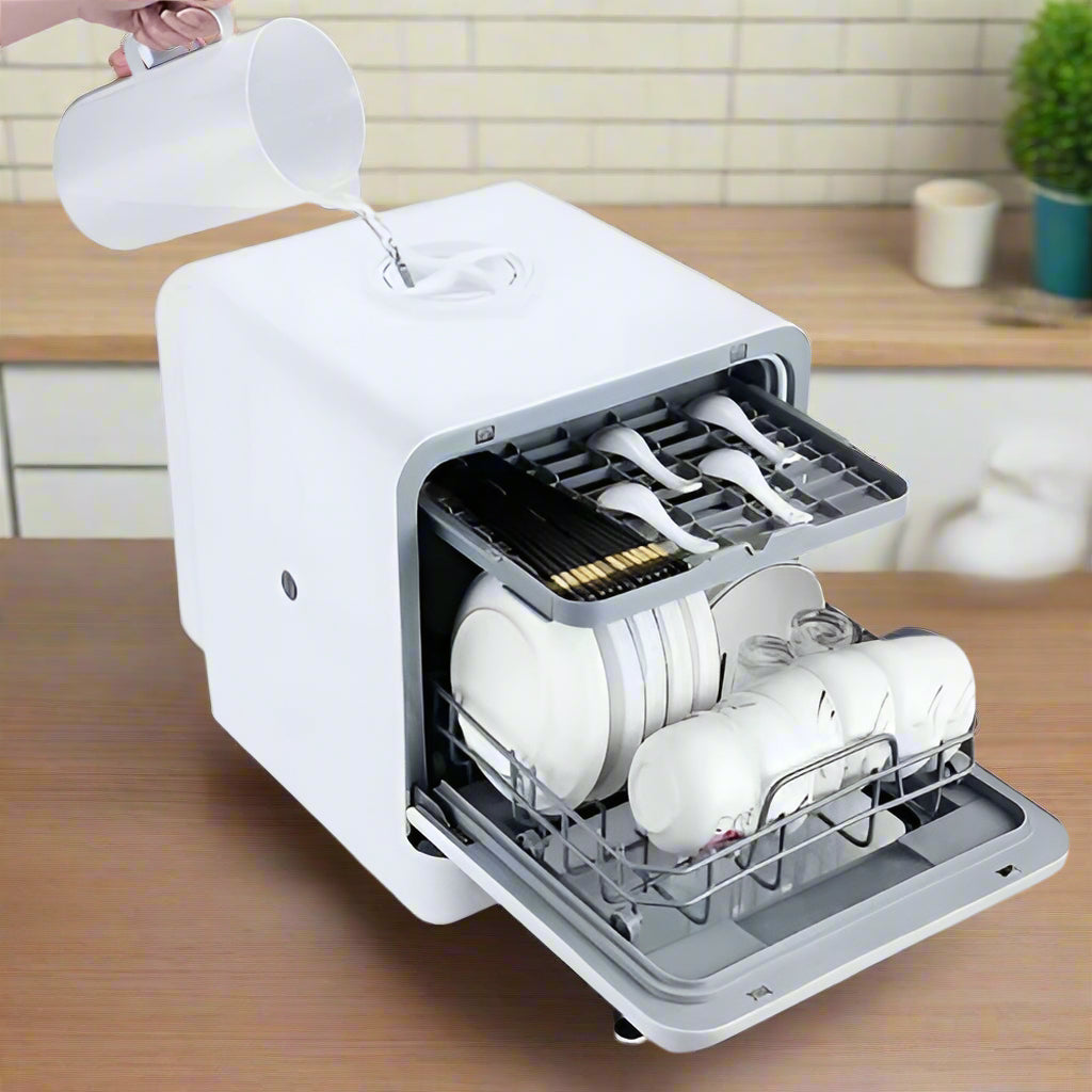 Portable countertop dishwasher for RV and cabin with dual spray arms and high-temperature drying