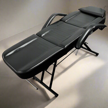 Black adjustable salon massage bed with stool – PVC leather and steel frame