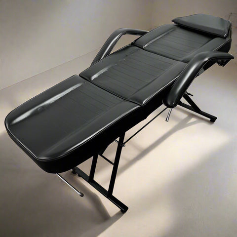 Black adjustable salon massage bed with stool – PVC leather and steel frame