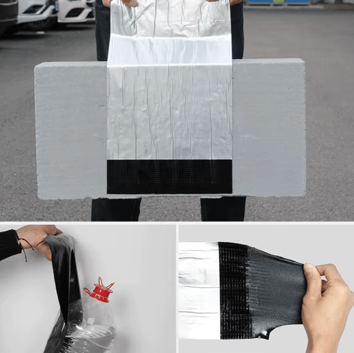 Self-adhesive asphalt patch tape unrolled for roof repair

Waterproof crack repair tape applied on concrete surface

Close-up of 2mm thick asphalt tape texture

DIY roof sealing with black asphalt repair tape

Roll of outdoor waterproof sealing tape on workbench