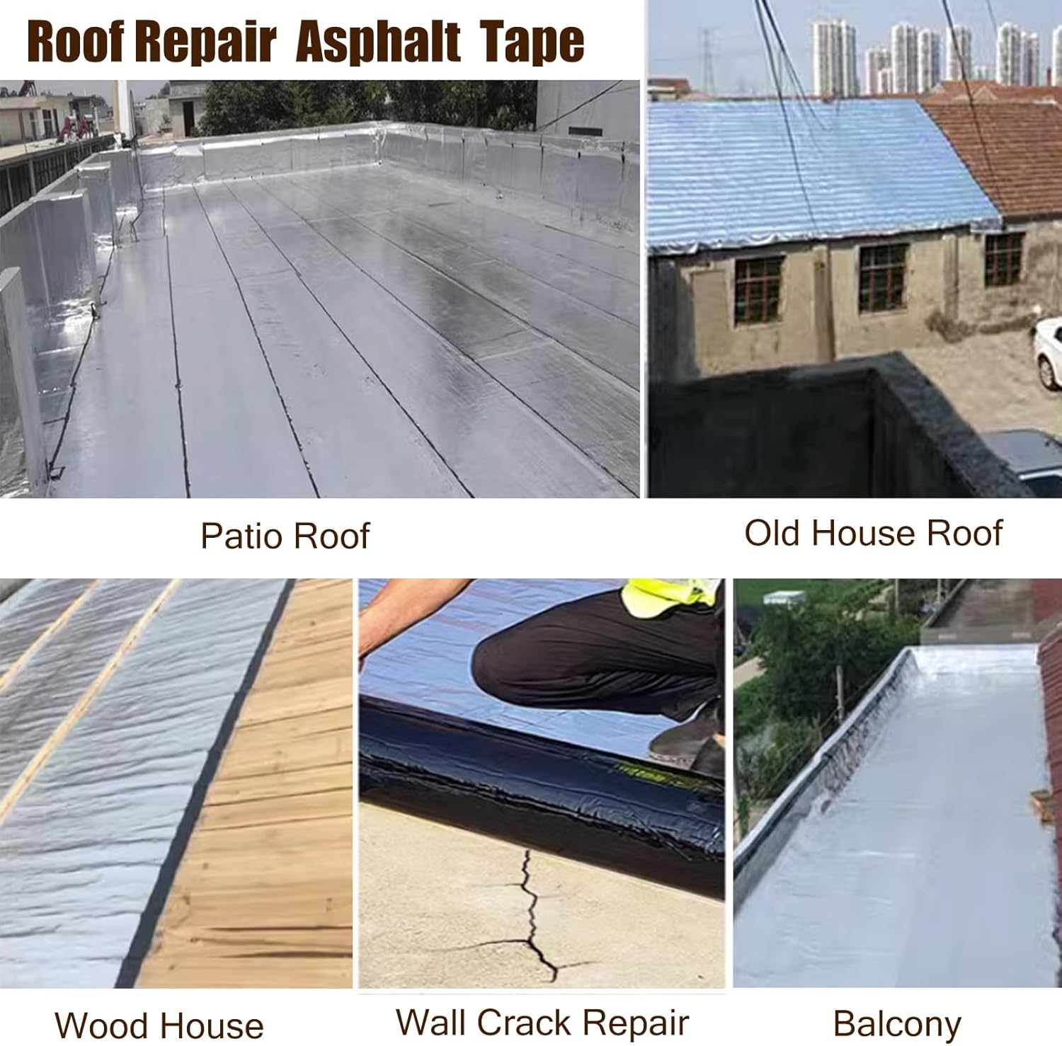 Self-adhesive asphalt patch tape unrolled for roof repair

Waterproof crack repair tape applied on concrete surface

Close-up of 2mm thick asphalt tape texture

DIY roof sealing with black asphalt repair tape

Roll of outdoor waterproof sealing tape on workbench