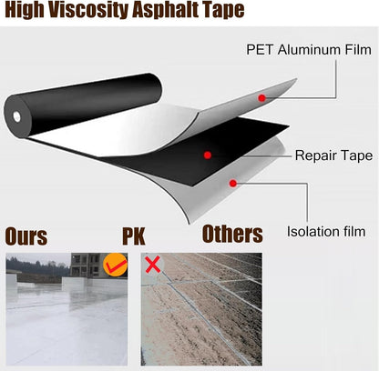 Self-adhesive asphalt patch tape unrolled for roof repair

Waterproof crack repair tape applied on concrete surface

Close-up of 2mm thick asphalt tape texture

DIY roof sealing with black asphalt repair tape

Roll of outdoor waterproof sealing tape on workbench