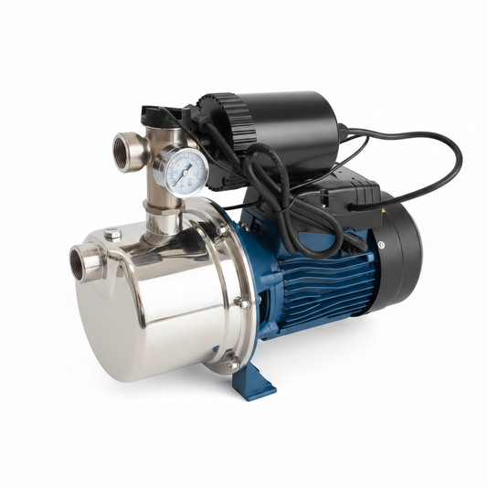 Self-priming stainless steel jet pump 1HP front view

Dual model jet well pump 220V – 1HP and 2HP display

Pump body close-up showing stainless steel finish

Water pump installed in irrigation system

220V self-priming water pump with pressure label