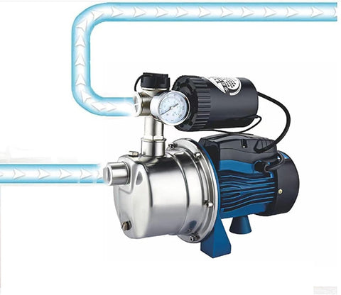 Self-priming stainless steel jet pump 1HP front view

Dual model jet well pump 220V – 1HP and 2HP display

Pump body close-up showing stainless steel finish

Water pump installed in irrigation system

220V self-priming water pump with pressure label