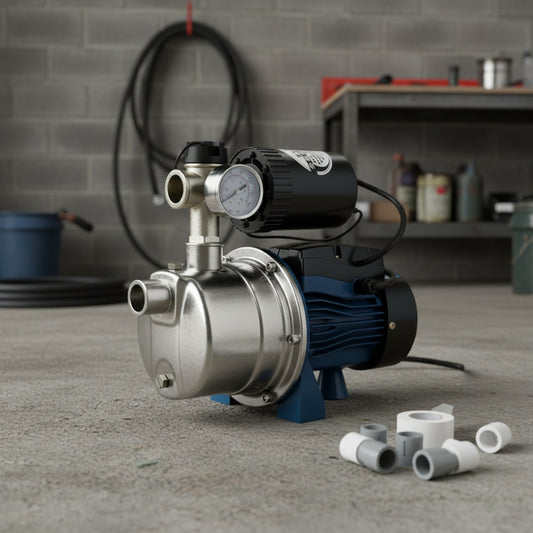 Self-priming stainless steel jet pump 1HP front view

Dual model jet well pump 220V – 1HP and 2HP display

Pump body close-up showing stainless steel finish

Water pump installed in irrigation system

220V self-priming water pump with pressure label
