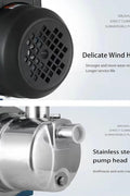 Self-priming stainless steel jet pump 1HP front view

Dual model jet well pump 220V – 1HP and 2HP display

Pump body close-up showing stainless steel finish

Water pump installed in irrigation system

220V self-priming water pump with pressure label