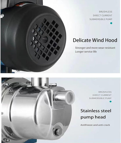 Self-priming stainless steel jet pump 1HP front view

Dual model jet well pump 220V – 1HP and 2HP display

Pump body close-up showing stainless steel finish

Water pump installed in irrigation system

220V self-priming water pump with pressure label