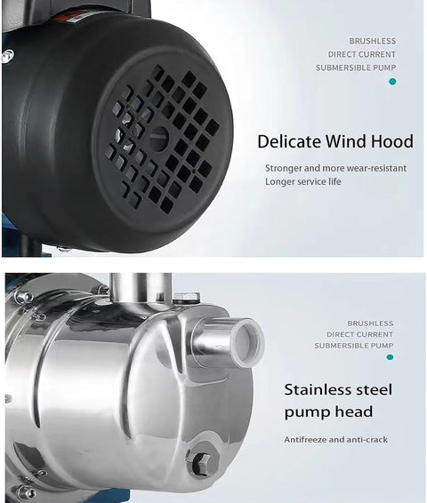 Self-priming stainless steel jet pump 1HP front view

Dual model jet well pump 220V – 1HP and 2HP display

Pump body close-up showing stainless steel finish

Water pump installed in irrigation system

220V self-priming water pump with pressure label