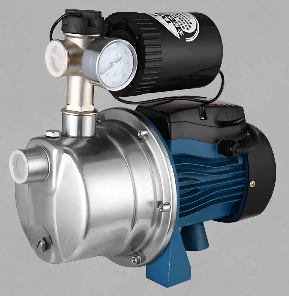 Self-priming stainless steel jet pump 1HP front view

Dual model jet well pump 220V – 1HP and 2HP display

Pump body close-up showing stainless steel finish

Water pump installed in irrigation system

220V self-priming water pump with pressure label