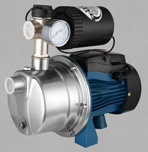 Self-priming stainless steel jet pump 1HP front view

Dual model jet well pump 220V – 1HP and 2HP display

Pump body close-up showing stainless steel finish

Water pump installed in irrigation system

220V self-priming water pump with pressure label