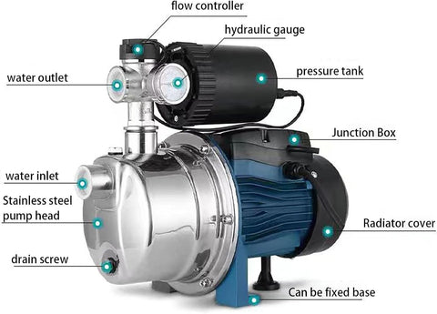 Self-priming stainless steel jet pump 1HP front view

Dual model jet well pump 220V – 1HP and 2HP display

Pump body close-up showing stainless steel finish

Water pump installed in irrigation system

220V self-priming water pump with pressure label