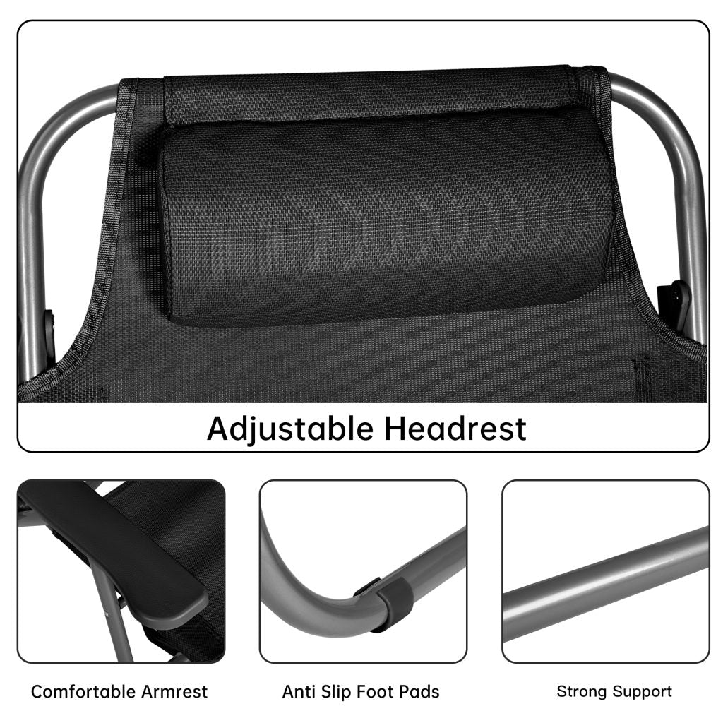 Black Folding Beach Chairs – Set of 2 Front View

Portable Adjustable Outdoor Chairs – Side Recline View

Folded Beach Chairs – Compact Storage Size

Lightweight Travel Chairs with Cushions

Outdoor Reclining Chairs – Festival or Beach Setup

Set of Portable Folding Chairs – Carry Handle Shown
