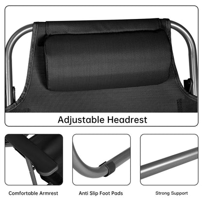 Black Folding Beach Chairs – Set of 2 Front View

Portable Adjustable Outdoor Chairs – Side Recline View

Folded Beach Chairs – Compact Storage Size

Lightweight Travel Chairs with Cushions

Outdoor Reclining Chairs – Festival or Beach Setup

Set of Portable Folding Chairs – Carry Handle Shown