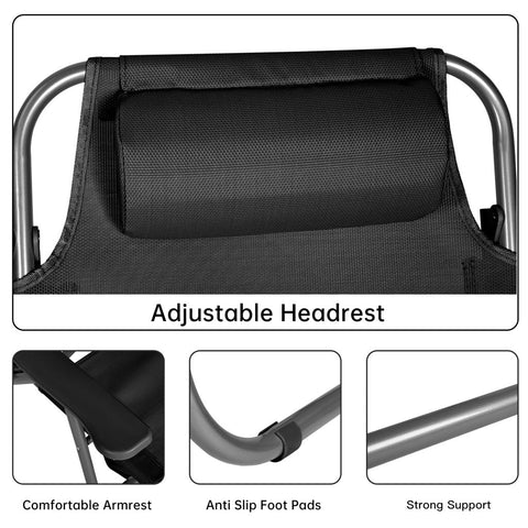 Black Folding Beach Chairs – Set of 2 Front View

Portable Adjustable Outdoor Chairs – Side Recline View

Folded Beach Chairs – Compact Storage Size

Lightweight Travel Chairs with Cushions

Outdoor Reclining Chairs – Festival or Beach Setup

Set of Portable Folding Chairs – Carry Handle Shown