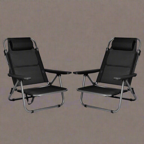 Black Folding Beach Chairs – Set of 2 Front View

Portable Adjustable Outdoor Chairs – Side Recline View

Folded Beach Chairs – Compact Storage Size

Lightweight Travel Chairs with Cushions

Outdoor Reclining Chairs – Festival or Beach Setup

Set of Portable Folding Chairs – Carry Handle Shown