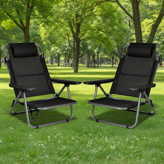 Black Folding Beach Chairs – Set of 2 Front View

Portable Adjustable Outdoor Chairs – Side Recline View

Folded Beach Chairs – Compact Storage Size

Lightweight Travel Chairs with Cushions

Outdoor Reclining Chairs – Festival or Beach Setup

Set of Portable Folding Chairs – Carry Handle Shown
