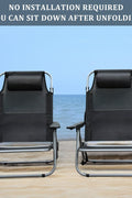 Black Folding Beach Chairs – Set of 2 Front View

Portable Adjustable Outdoor Chairs – Side Recline View

Folded Beach Chairs – Compact Storage Size

Lightweight Travel Chairs with Cushions

Outdoor Reclining Chairs – Festival or Beach Setup

Set of Portable Folding Chairs – Carry Handle Shown