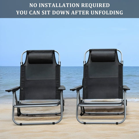 Black Folding Beach Chairs – Set of 2 Front View

Portable Adjustable Outdoor Chairs – Side Recline View

Folded Beach Chairs – Compact Storage Size

Lightweight Travel Chairs with Cushions

Outdoor Reclining Chairs – Festival or Beach Setup

Set of Portable Folding Chairs – Carry Handle Shown