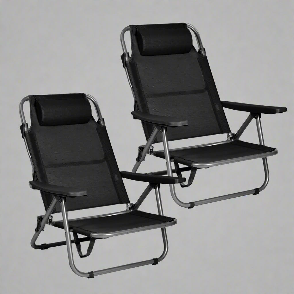 Black Folding Beach Chairs – Set of 2 Front View

Portable Adjustable Outdoor Chairs – Side Recline View

Folded Beach Chairs – Compact Storage Size

Lightweight Travel Chairs with Cushions

Outdoor Reclining Chairs – Festival or Beach Setup

Set of Portable Folding Chairs – Carry Handle Shown
