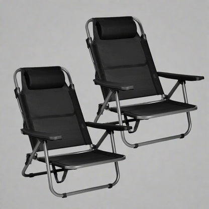Black Folding Beach Chairs – Set of 2 Front View

Portable Adjustable Outdoor Chairs – Side Recline View

Folded Beach Chairs – Compact Storage Size

Lightweight Travel Chairs with Cushions

Outdoor Reclining Chairs – Festival or Beach Setup

Set of Portable Folding Chairs – Carry Handle Shown