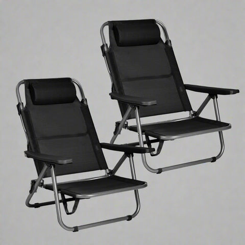 Black Folding Beach Chairs – Set of 2 Front View

Portable Adjustable Outdoor Chairs – Side Recline View

Folded Beach Chairs – Compact Storage Size

Lightweight Travel Chairs with Cushions

Outdoor Reclining Chairs – Festival or Beach Setup

Set of Portable Folding Chairs – Carry Handle Shown