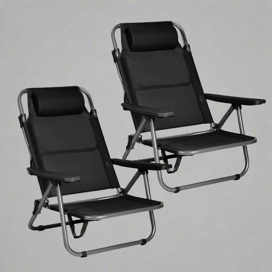 Black Folding Beach Chairs – Set of 2 Front View

Portable Adjustable Outdoor Chairs – Side Recline View

Folded Beach Chairs – Compact Storage Size

Lightweight Travel Chairs with Cushions

Outdoor Reclining Chairs – Festival or Beach Setup

Set of Portable Folding Chairs – Carry Handle Shown