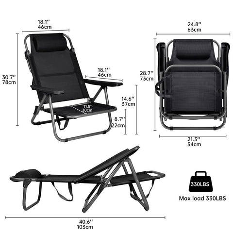 Black Folding Beach Chairs – Set of 2 Front View

Portable Adjustable Outdoor Chairs – Side Recline View

Folded Beach Chairs – Compact Storage Size

Lightweight Travel Chairs with Cushions

Outdoor Reclining Chairs – Festival or Beach Setup

Set of Portable Folding Chairs – Carry Handle Shown