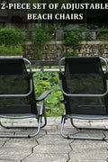 Black Folding Beach Chairs – Set of 2 Front View

Portable Adjustable Outdoor Chairs – Side Recline View

Folded Beach Chairs – Compact Storage Size

Lightweight Travel Chairs with Cushions

Outdoor Reclining Chairs – Festival or Beach Setup

Set of Portable Folding Chairs – Carry Handle Shown