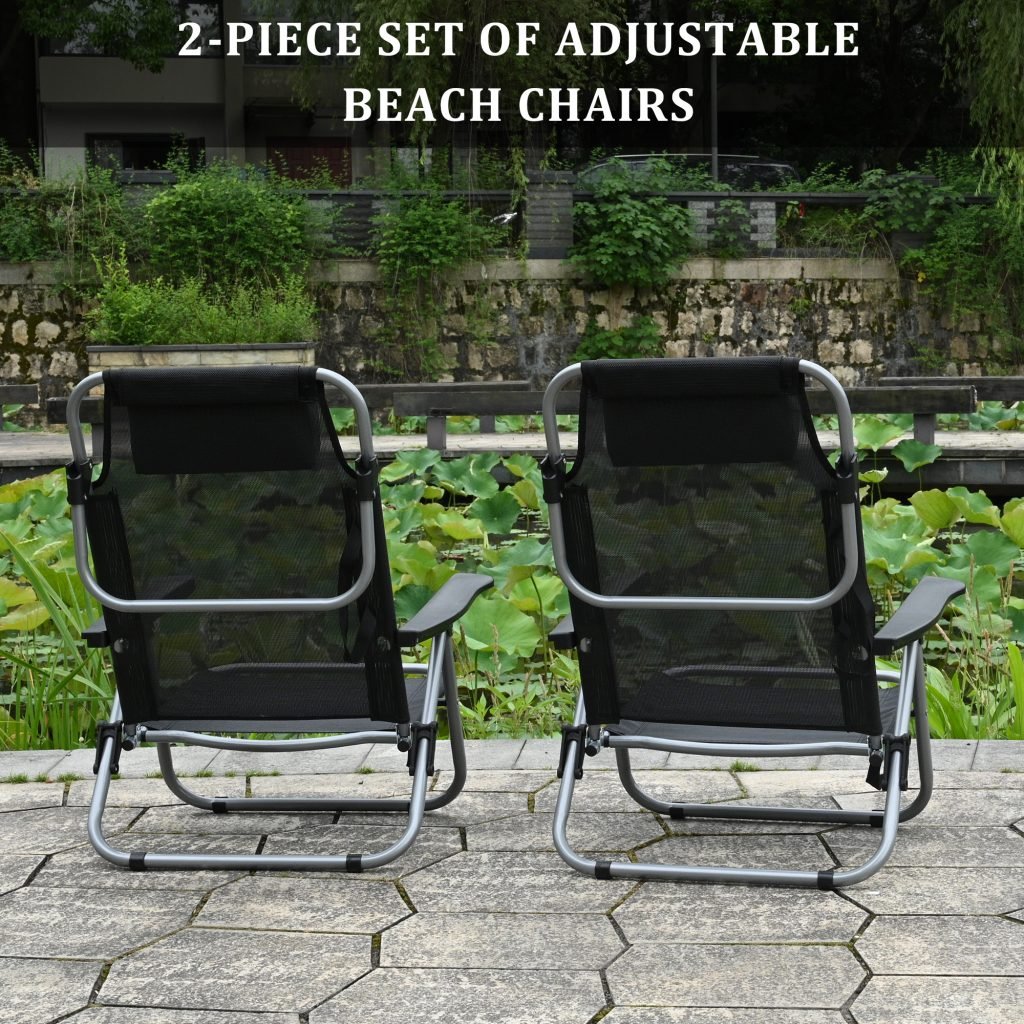 Black Folding Beach Chairs – Set of 2 Front View

Portable Adjustable Outdoor Chairs – Side Recline View

Folded Beach Chairs – Compact Storage Size

Lightweight Travel Chairs with Cushions

Outdoor Reclining Chairs – Festival or Beach Setup

Set of Portable Folding Chairs – Carry Handle Shown
