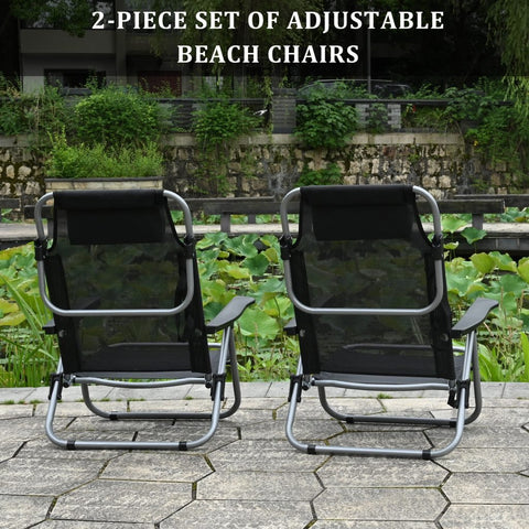 Black Folding Beach Chairs – Set of 2 Front View

Portable Adjustable Outdoor Chairs – Side Recline View

Folded Beach Chairs – Compact Storage Size

Lightweight Travel Chairs with Cushions

Outdoor Reclining Chairs – Festival or Beach Setup

Set of Portable Folding Chairs – Carry Handle Shown