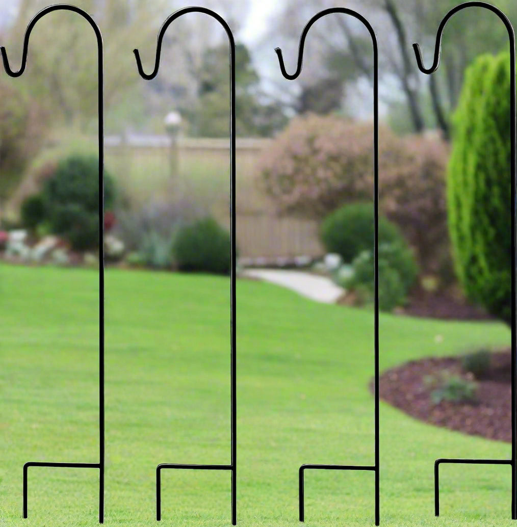 Set of 4 heavy-duty shepherd hooks front view
Hook supporting hanging plant in backyard
Hook with solar light near garden path
Outdoor shepherd’s hook with bird feeder
Decorative hooks used for Christmas lights