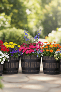New Set of 5 – 14 Inch Whiskey Barrel Planter Flower Pots – Rustic Wood - Look Outdoor Garden Containers CF052E - with | Sold by Uncle Wiener's Wholesale
