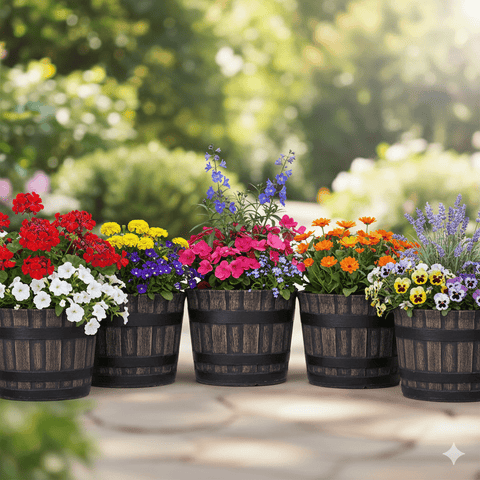New Set of 5 – 14 Inch Whiskey Barrel Planter Flower Pots – Rustic Wood - Look Outdoor Garden Containers CF052E - with | Sold by Uncle Wiener's Wholesale