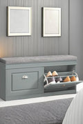 Gray entryway bench with two flip-down drawers
Close-up view of hidden shoe storage compartment
Bench in modern hallway setup with decor accents
Side angle showing foam cushion and sturdy frame
Internal view of adjustable shoe compartments