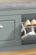 Gray entryway bench with two flip-down drawers
Close-up view of hidden shoe storage compartment
Bench in modern hallway setup with decor accents
Side angle showing foam cushion and sturdy frame
Internal view of adjustable shoe compartments