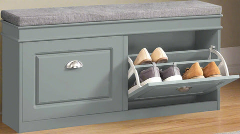 Gray entryway bench with two flip-down drawers
Close-up view of hidden shoe storage compartment
Bench in modern hallway setup with decor accents
Side angle showing foam cushion and sturdy frame
Internal view of adjustable shoe compartments