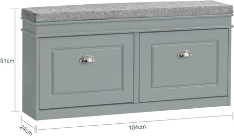 Gray entryway bench with two flip-down drawers
Close-up view of hidden shoe storage compartment
Bench in modern hallway setup with decor accents
Side angle showing foam cushion and sturdy frame
Internal view of adjustable shoe compartments