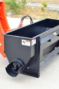 Side dumping concrete mixer bucket with auger for skid steer
Rear view of mixer bucket showing hydraulic motor
Top-down view of internal auger system
Mounted auger mixer on skid steer in use
Side discharge concrete auger bucket on loader