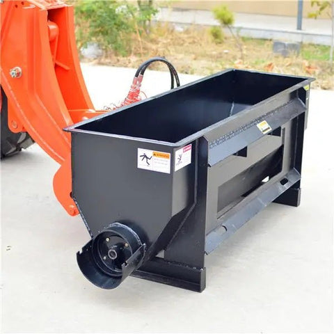 Side dumping concrete mixer bucket with auger for skid steer
Rear view of mixer bucket showing hydraulic motor
Top-down view of internal auger system
Mounted auger mixer on skid steer in use
Side discharge concrete auger bucket on loader
