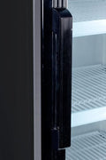 "Siebel G258 black commercial display fridge with glass door"

"Interior of merchandiser fridge with 4 adjustable shelves"

"LED-lit single door commercial beverage refrigerator"

"Retail cooler with 32-41°F temperature range"

"NSF certified display fridge with black finish and clear front"