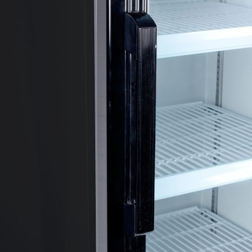 "Siebel G258 black commercial display fridge with glass door"

"Interior of merchandiser fridge with 4 adjustable shelves"

"LED-lit single door commercial beverage refrigerator"

"Retail cooler with 32-41°F temperature range"

"NSF certified display fridge with black finish and clear front"