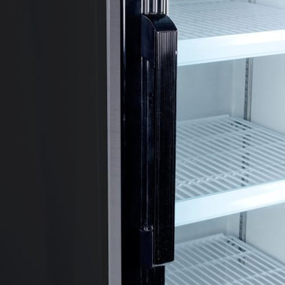 "Siebel G258 black commercial display fridge with glass door"

"Interior of merchandiser fridge with 4 adjustable shelves"

"LED-lit single door commercial beverage refrigerator"

"Retail cooler with 32-41°F temperature range"

"NSF certified display fridge with black finish and clear front"
