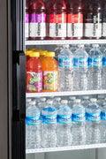 "Siebel G258 black commercial display fridge with glass door"

"Interior of merchandiser fridge with 4 adjustable shelves"

"LED-lit single door commercial beverage refrigerator"

"Retail cooler with 32-41°F temperature range"

"NSF certified display fridge with black finish and clear front"