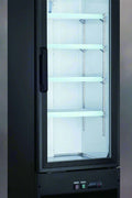 "Siebel G258 black commercial display fridge with glass door"

"Interior of merchandiser fridge with 4 adjustable shelves"

"LED-lit single door commercial beverage refrigerator"

"Retail cooler with 32-41°F temperature range"

"NSF certified display fridge with black finish and clear front"