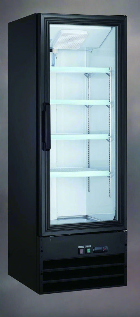 "Siebel G258 black commercial display fridge with glass door"

"Interior of merchandiser fridge with 4 adjustable shelves"

"LED-lit single door commercial beverage refrigerator"

"Retail cooler with 32-41°F temperature range"

"NSF certified display fridge with black finish and clear front"