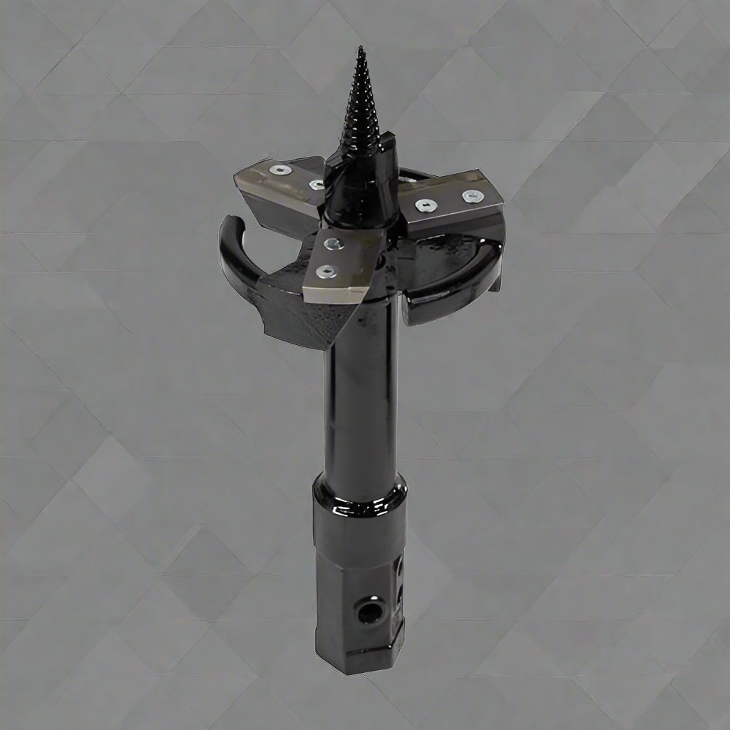 "Skid Steer 10 inch stump planer attachment with hex collar"

"Side view of heavy-duty auger stump planer"

"Replaceable steel cutting plates for stump planer"

"Skid steer root grinder with powder-coated finish"