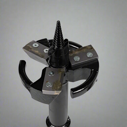 "Skid Steer 10 inch stump planer attachment with hex collar"

"Side view of heavy-duty auger stump planer"

"Replaceable steel cutting plates for stump planer"

"Skid steer root grinder with powder-coated finish"