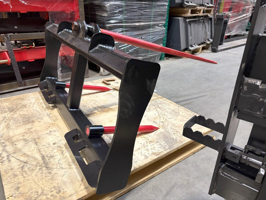 SSBF49 3-Prong Bale Spear mounted on skid steer
Side view of skid steer bale spear attachment
Skid steer hay fork attachment with 3 spears