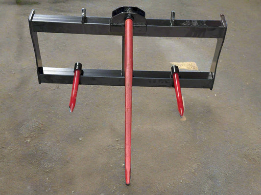 SSBF49 3-Prong Bale Spear mounted on skid steer
Side view of skid steer bale spear attachment
Skid steer hay fork attachment with 3 spears