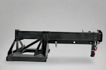 Adjustable skid steer jib boom on white background – extended view
Close-up of jib boom mounting to forklift tines
Forklift jib boom in telescoping position
6000 lb jib boom with dual swivel hooks
Fork-mounted heavy-duty boom – angled view
